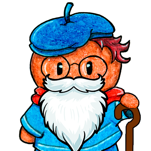 Logo de um bonequinho idoso com barba branca, boina azul e bengala